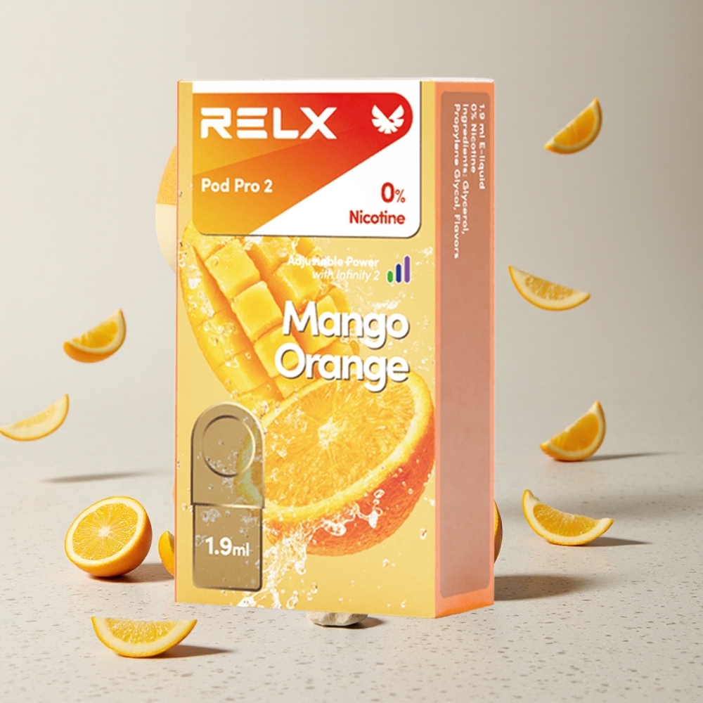 RELX Pod Pro 2 600 Puffs Mango Narancs eszköz Nikotinszint 0 Tartály mérete 19ml