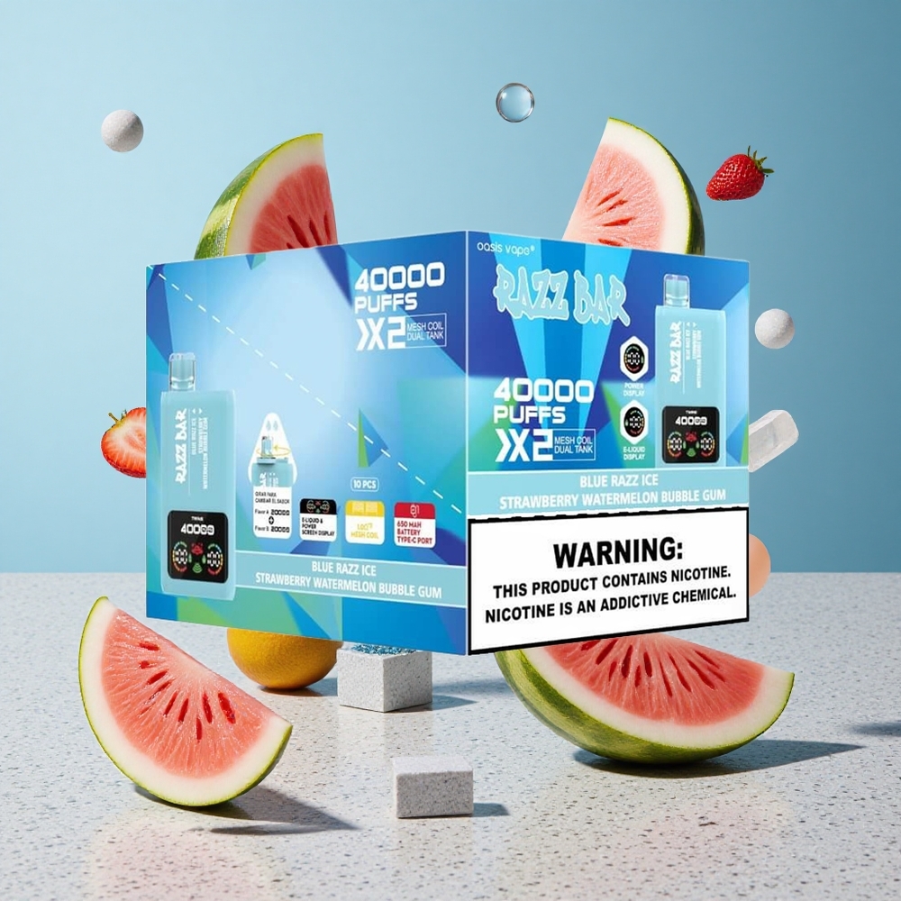 Razz Bar 40000 Puffs Blue Razz Jég-EPer Dinnye Buborék Rágó Típusú Elektromos Cigaretta Kijelzővel és 650 Mah Akkumulátorral