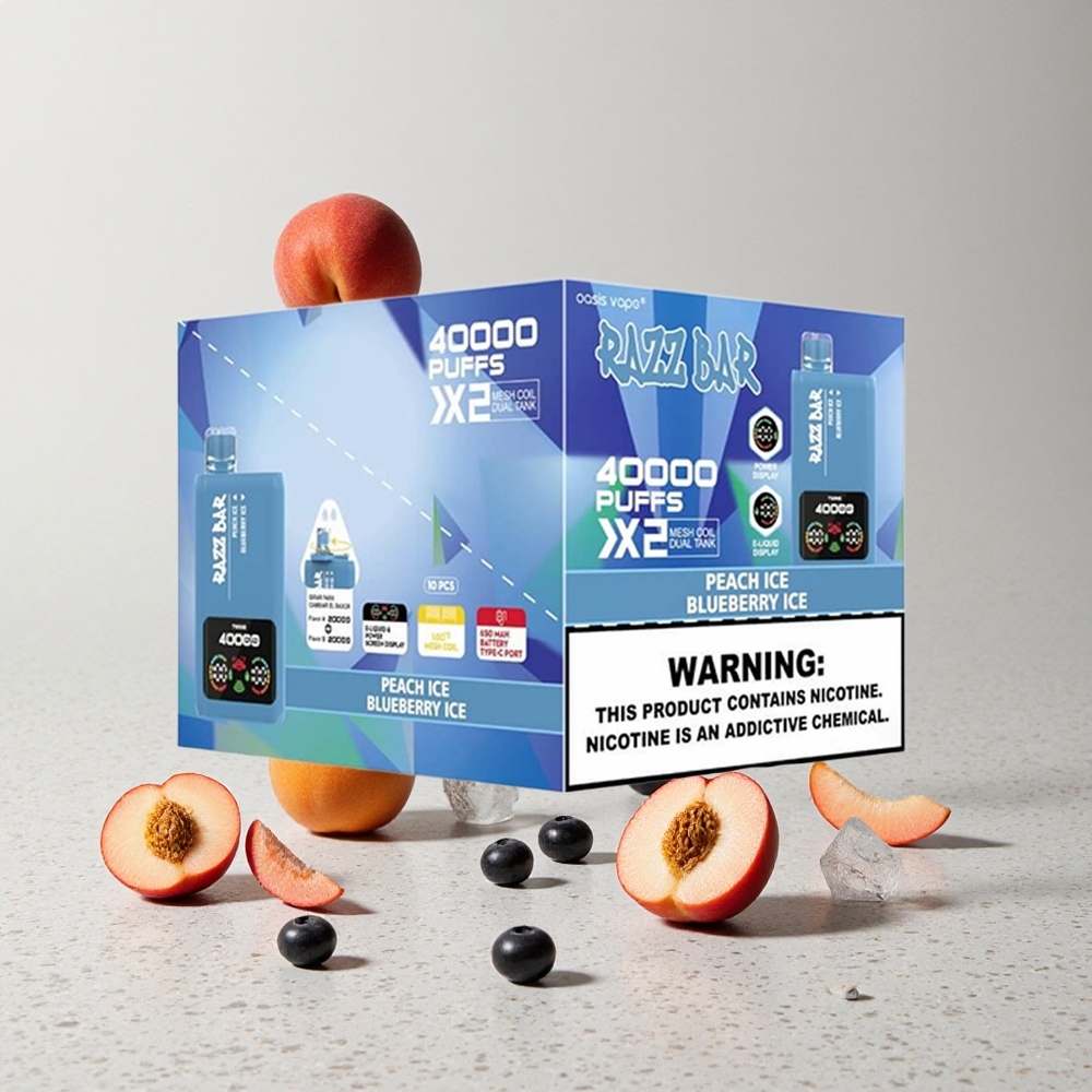 Razz Bar 40000 Puffs Egyszerhasználatos E-cigaretta Őszibarack Jég Áfonya Jég Kijelzős Tápellátás 10Ohm 2 Mesh Coil
