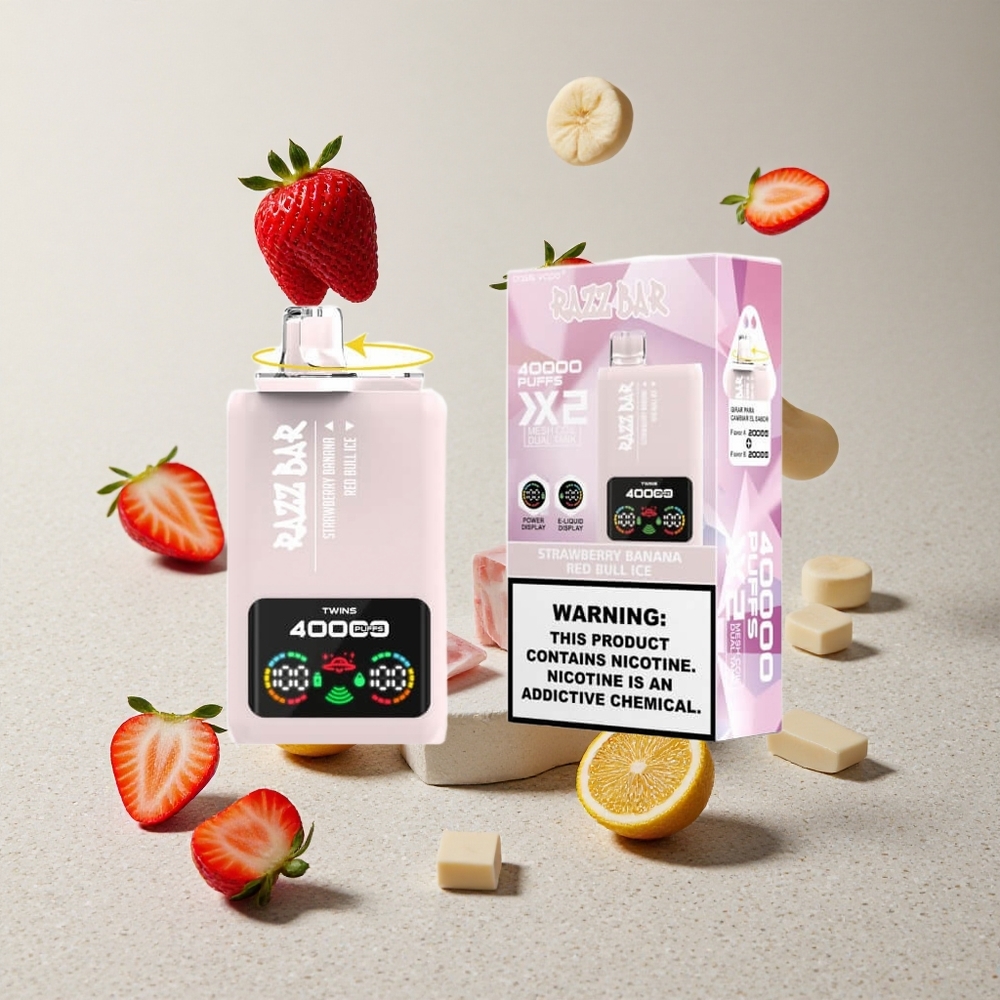 Razz Bar 40000 Puffs Egyszerhasználatos Vape Eper-Banán Vörös Bull Jég és 40000 Puffs Kijelzős 650 Mah Akkumulátor Type-C Port