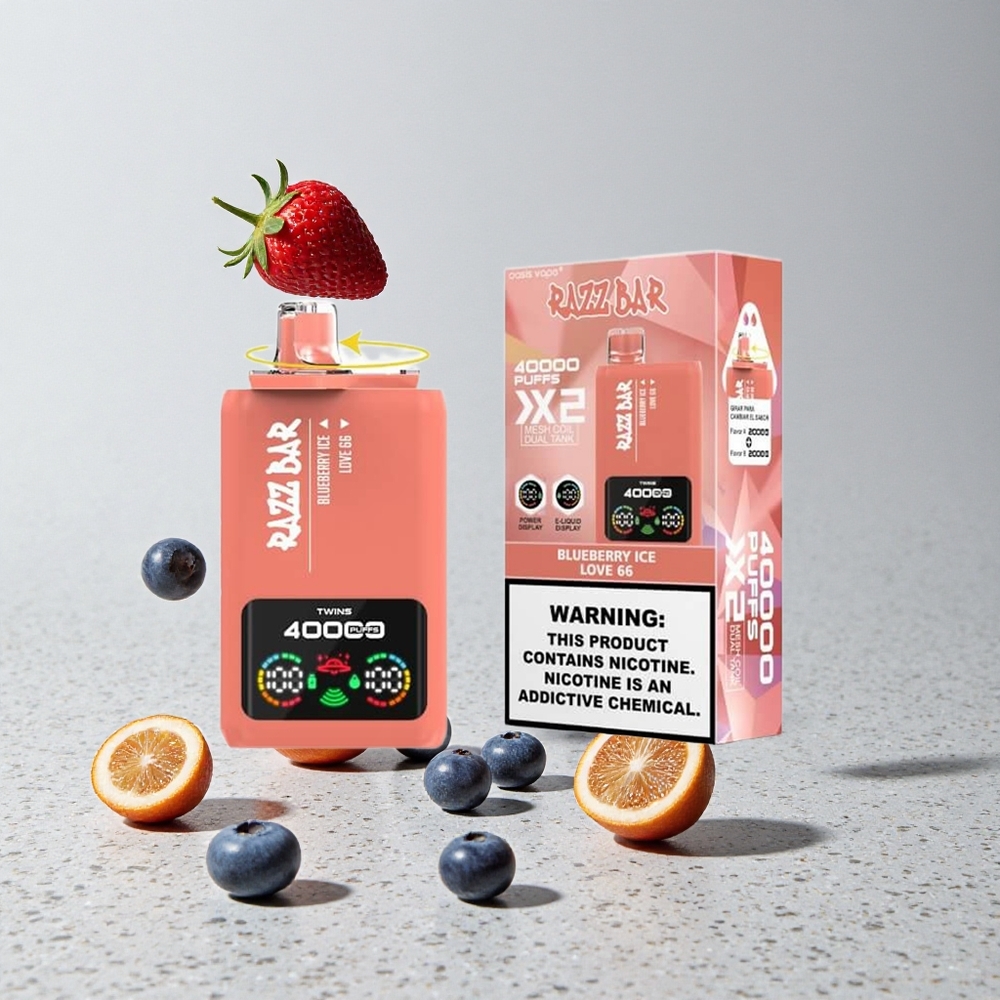 Razz Bar 40000 Puffs Razz Bar Elszívható E-szigi Áfonya Jég Love 66 Tápképernyős Kijelző 10 Ohm 2 Mesh Coil