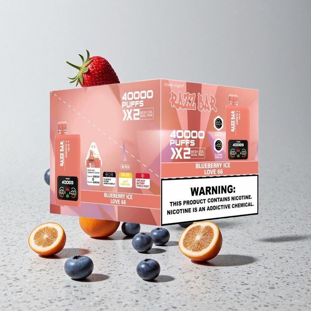 Razz Bar 40000 Puffs Razz Bar Elszívható E-szigi Áfonya Jég Love 66 Tápképernyős Kijelző 10 Ohm 2 Mesh Coil