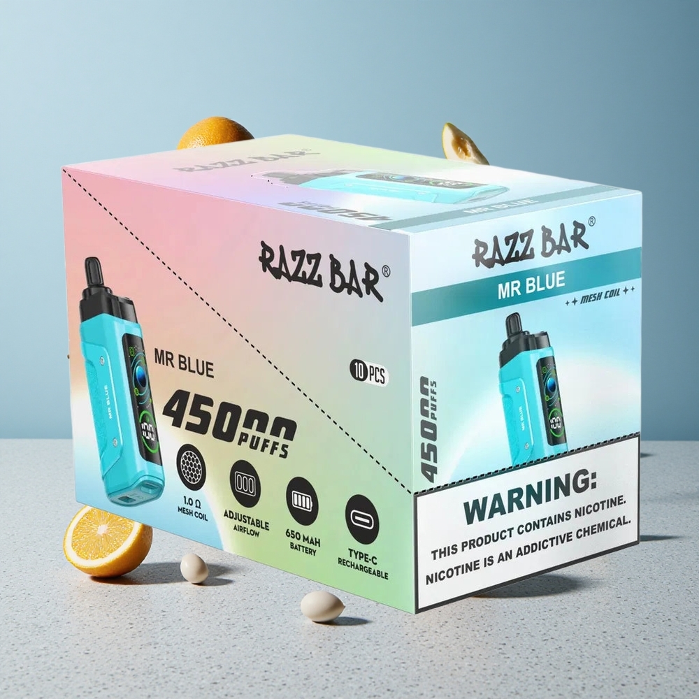 Razz Bar 45000 Puffs Egyhasználatos E-cigaretta Mr Kék és Málna Beállítható Légáramlás Type-C Töltés