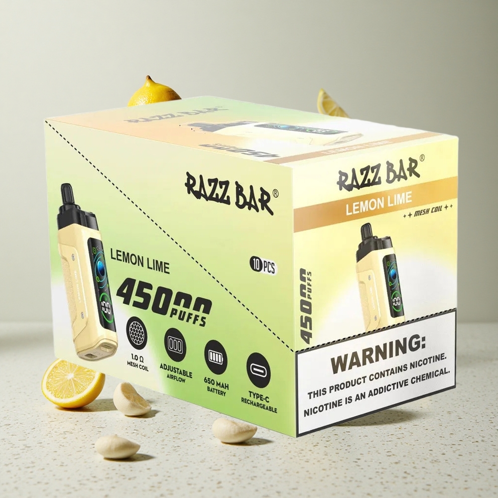 Razz Bar 45000 Puffs Egyszer használatos E-cigaretta Citrom Lime és Málna 10 Ohm Mesh Coil