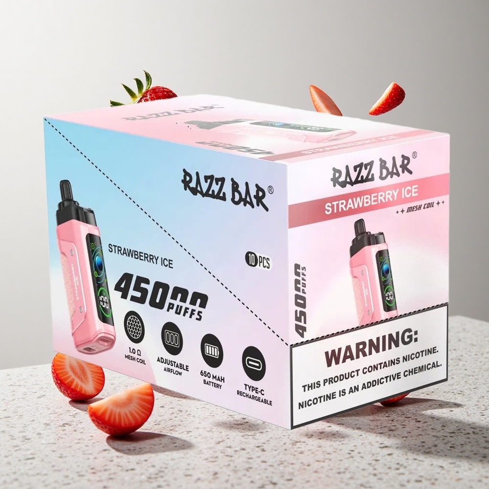 Razz Bar 45000 Puffs Elszívható E-Cigi Eper Jég és Áfonya 10 Ohm Mesh Coil Beállítható Légáramlás