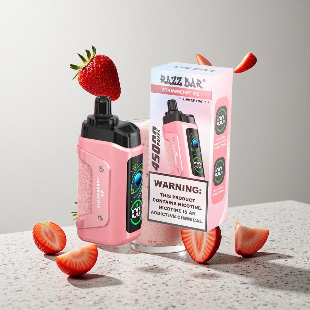 Razz Bar 45000 Puffs Elszívható E-Cigi Eper Jég és Áfonya 10 Ohm Mesh Coil Beállítható Légáramlás