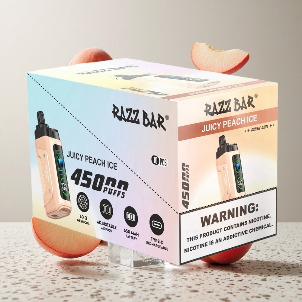 Razz Bar 45000 Puffs Elszívható E-szigi Juicy Peach Jég és Áfonya 10 Ohm Mesh Coil Beállítható Légáramlás