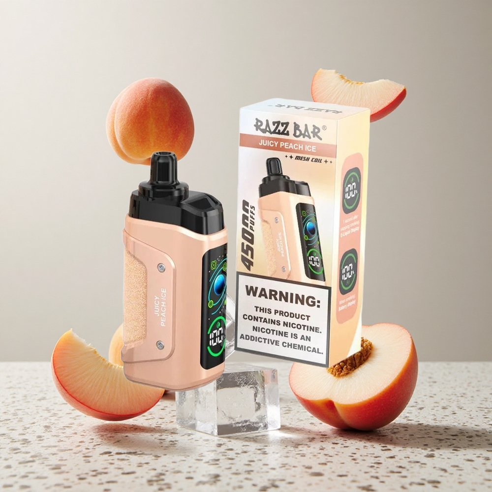 Razz Bar 45000 Puffs Elszívható E-szigi Juicy Peach Jég és Áfonya 10 Ohm Mesh Coil Beállítható Légáramlás