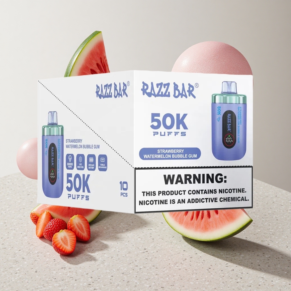 Razz Bar 50K Puffs Eldobható E-cigaretta Eper Dinnye Buborék Rágó 50000 Puffs 10 Ohm Mesh Coil