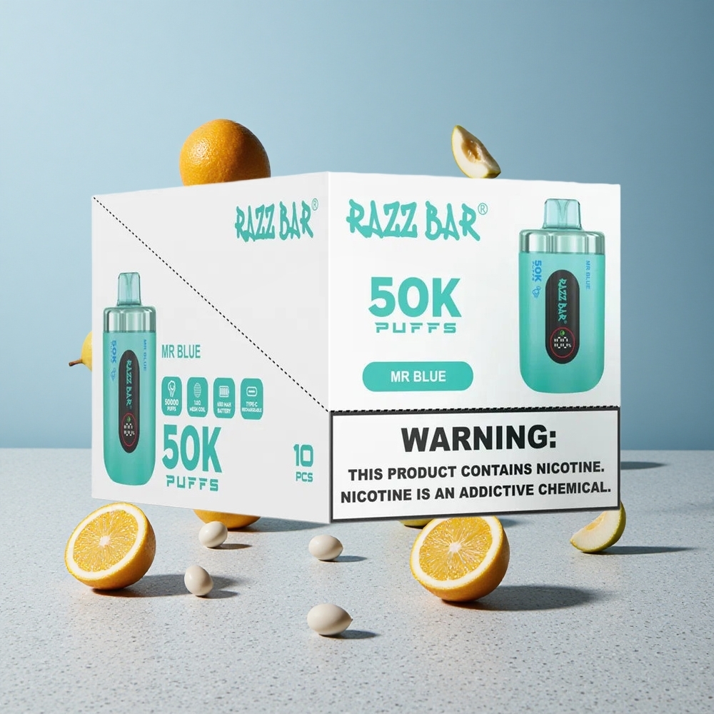 Razz Bar 50K Puffs Eldobható E-cigaretta Kék Málna 50 000 Puffs Típusú 10 Ohm Mesh Coil