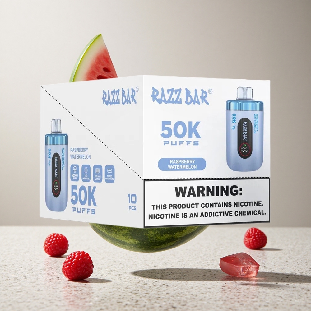 Razz Bar 50K Puffs Eldobható E-cigaretta Málna Görögdinnye Íz 50000 Puffs és 10 Ohm Mesh Coil