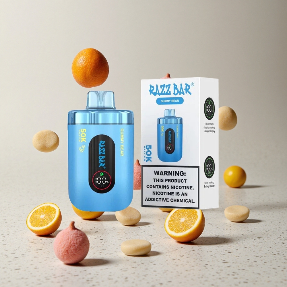 Razz Bar 50K Puffs Eldobható E-cigaretta Málna-Medve íz 50000 Puffs és 10 Ohm Mesh Coil