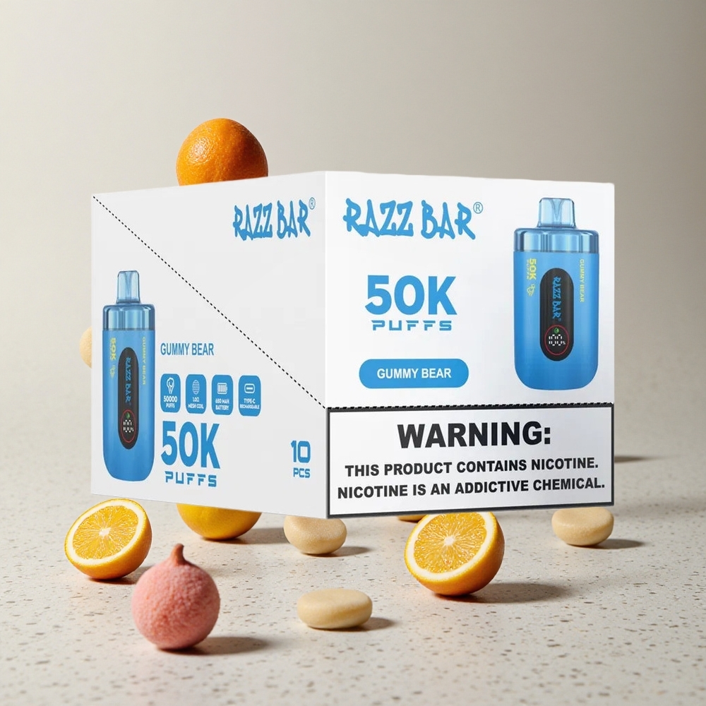 Razz Bar 50K Puffs Eldobható E-cigaretta Málna-Medve íz 50000 Puffs és 10 Ohm Mesh Coil