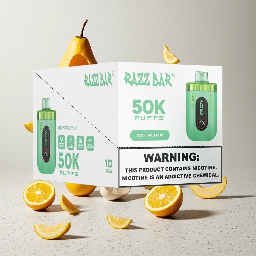 Razz Bar 50K Puffs Eldobható E-cigaretta Trópusi Gyümölcs és Málna 650 mAh Akku Type-C Töltés 2 Nikotintartalom