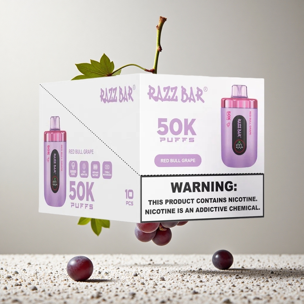 Razz Bar 50K Puffs Eldobható E-cigaretta Vörös Bika Szőlő és Áfonya - 50000 Buf 10 Ohm Mesh Coil