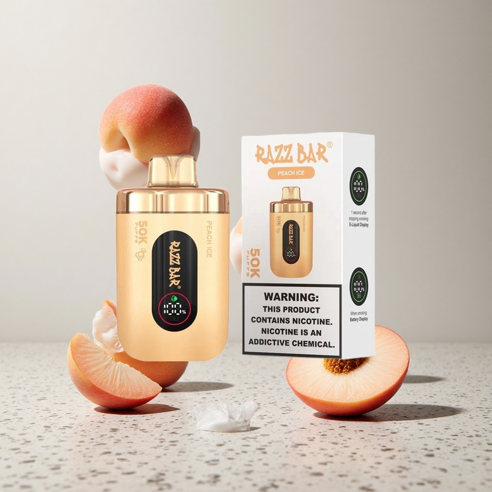 Razz Bar 50K Puffs Eldobható E-cigaretta Őszibarack-Jég és Ribizli 50000 Puffs Type-C Töltéssel