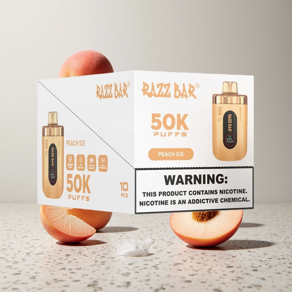Razz Bar 50K Puffs Eldobható E-cigaretta Őszibarack-Jég és Ribizli 50000 Puffs Type-C Töltéssel